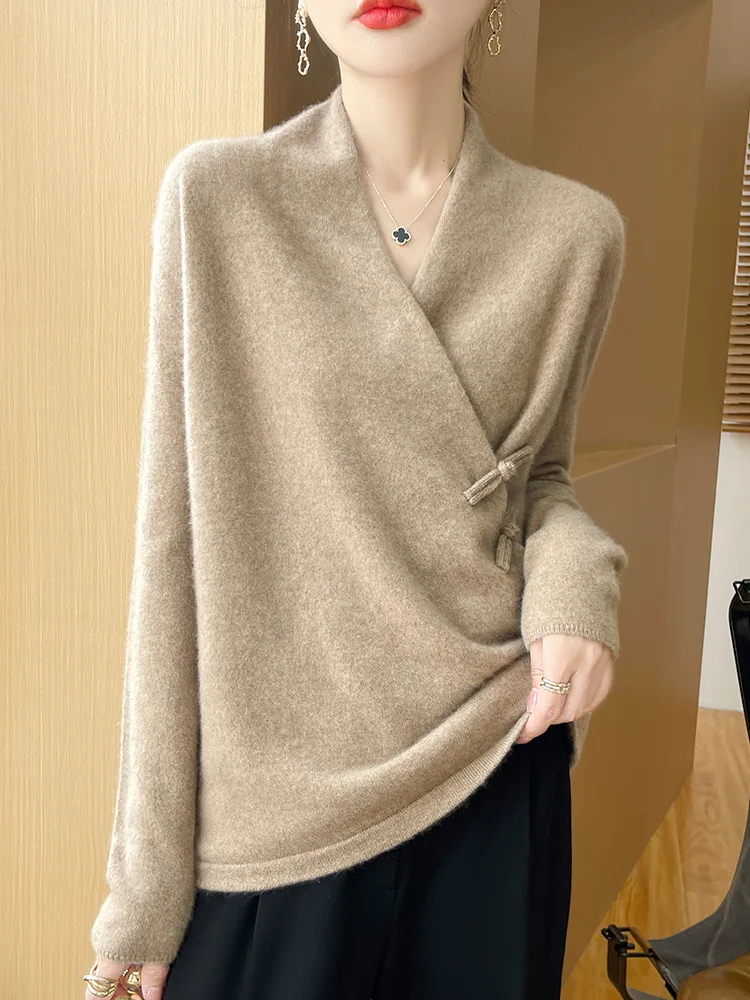 Autumn Winter New Chinese-style Placket Retro 100% Wool Pullover Sweater Women soild Cross V-neck Basic Layer Cashmere Knit Coat