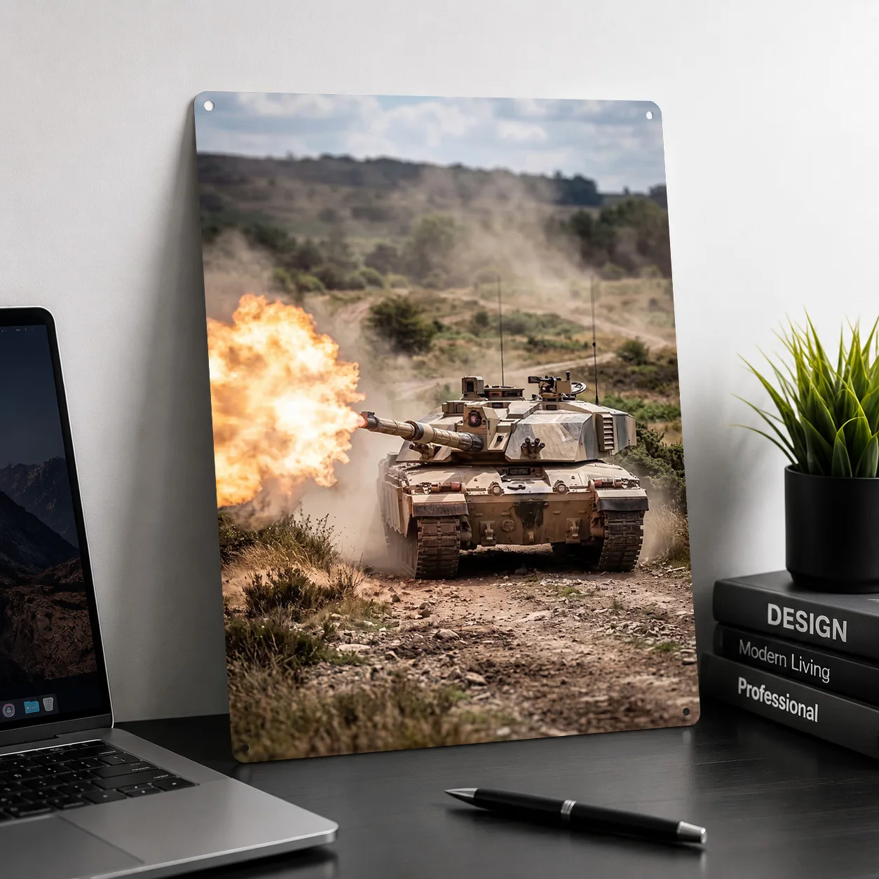 Challenger 2 Tank Firing Cannon Poster Retro 3D Printed Metal Signs Customized Wall Hanging Gift for Decoration Garage Wand Deko
