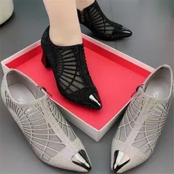 Letnie obcasy dla kobiet Hollow Mesh Fashion Sexy Pointed Toe Ladies Single Shoes 202 Woman Wedges Black Sandals Zapatos De Mujer