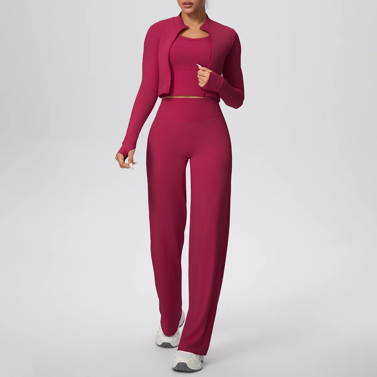 

Женский облегающий спортивный жилет с начесом, комплект для йоги с высокой талией, персиковый, с широкими штанинами, длинный комплект из трех предметов, спортивный костюм для бега, фитнеса, йоги