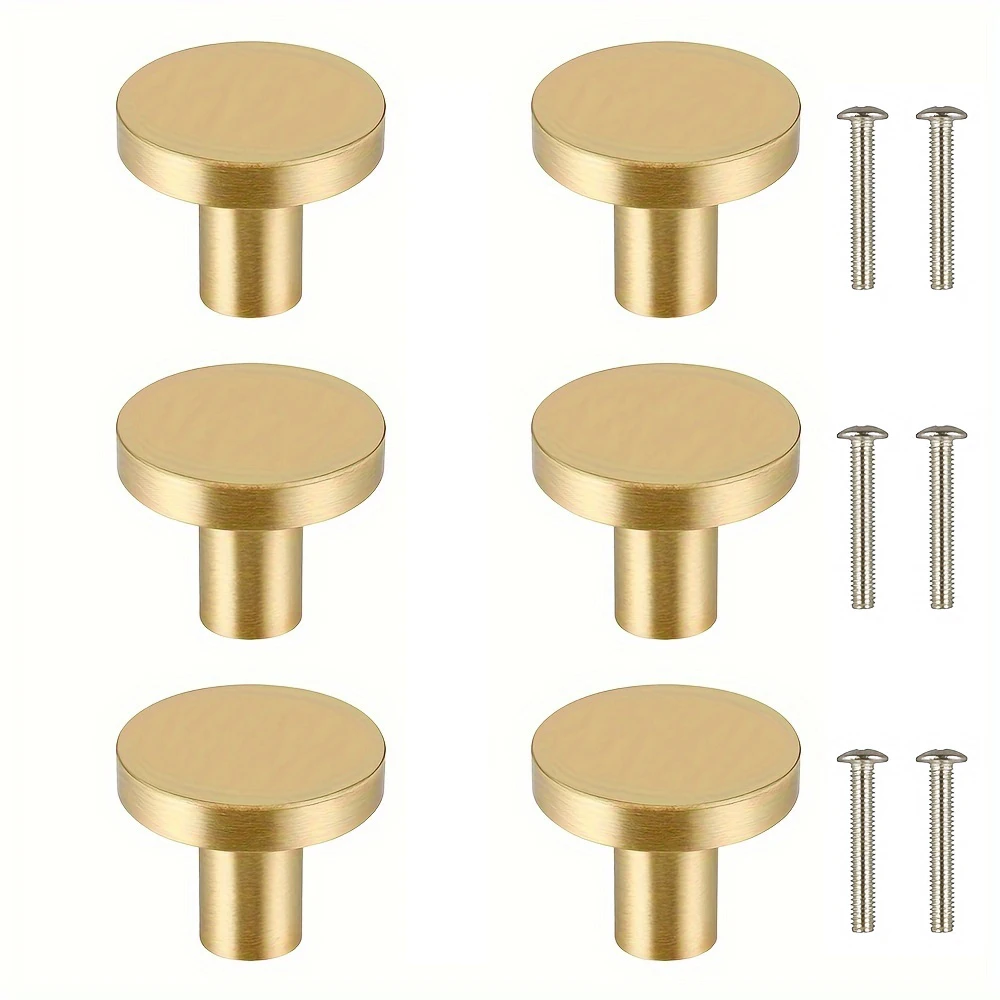 6pcs Golden Polished Aluminum Drawer Knobs 20x25mm Durable Single Hole Cabinet Handles for Cupboards, Wardrobes with Screws