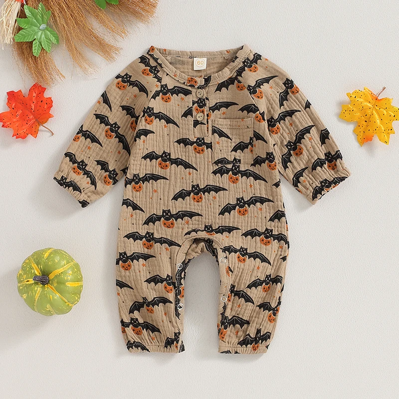 Baby Jumpsuit Long Sleeve Crew Neck Pumpkin Bat Print Newborn Romper Halloween Baby Clothes for Girls Boys