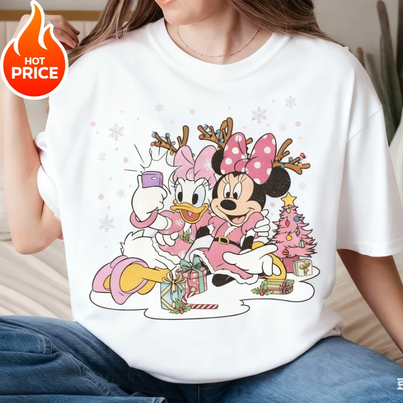 

2025 Рождественская летняя футболка с Минни Дейзи и мышью для мальчиков и девочек, семейная повседневная свободная футболка для родителей и детей, мужская и женская футболка с короткими рукавами