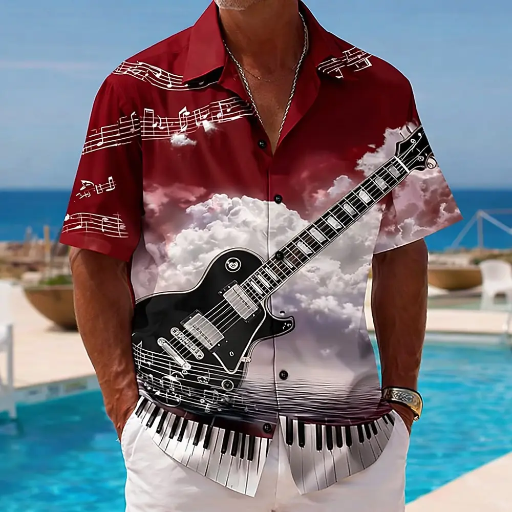 Men's Vintage Retro Music Festival Shirt Guitar 3D Print Camp Collar Short Sleeve Black Burgundy Dark Blue For Spring Summer