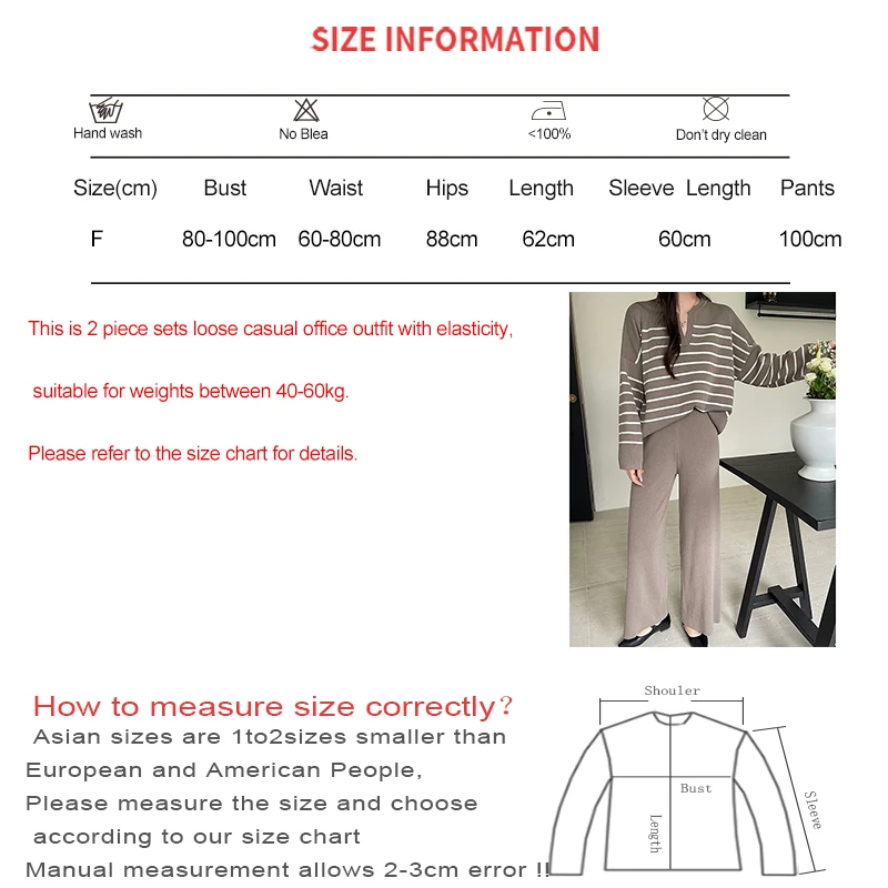 HELIAR Women Casual Knit Two Piece Set Striped Long Sleeve Loose Pullover Sweater and Pants Sets Office Women Outfit Fall Winter