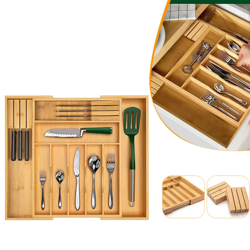 Large Premium Bamboo Silverware Organizer with Knife Blocks Expandable Kitchen Drawer Organizer Removable Knife Block