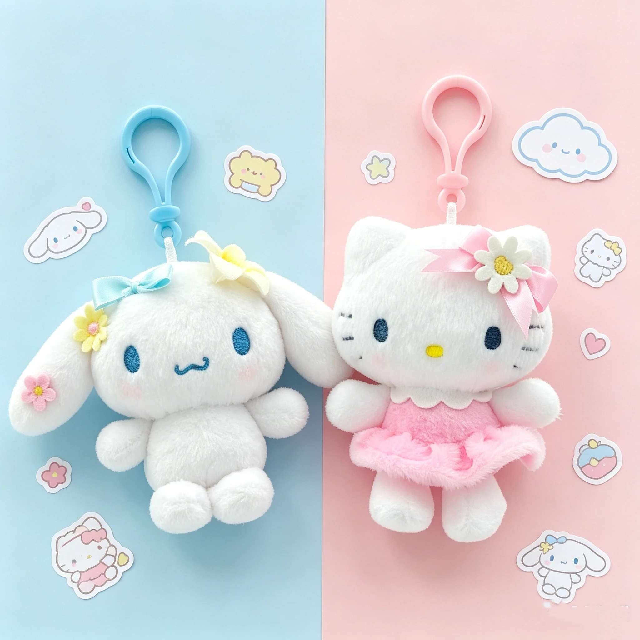 Genuine Licensed Sanrio Plush Keychain, Floral Hello Kitty & Cinnamoroll Soft Fluffy Doll Charms, Cute Bag Pendant, Perfect Gift
