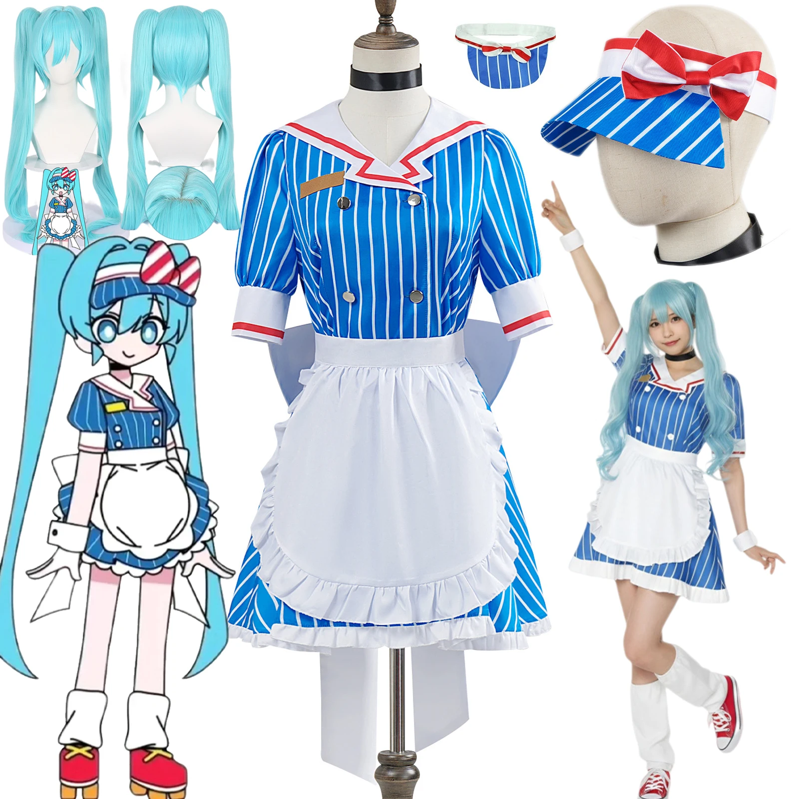 Costume de cosplay Anime Kasane Teto, uniforme d'hypnotiseur, perruque Mikuu, robe de demoiselle d'honneur bleue, tenue d'hypnotiseur pour Halloween, pour femmes et filles