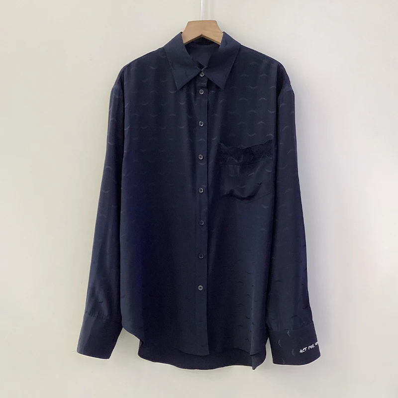 

Zadig Women Shirt New Fashion Wing Jacquard Design Loose Blouse Female Chic Silk Jacquard Long Sleeve Navy Blue Blouses Tops