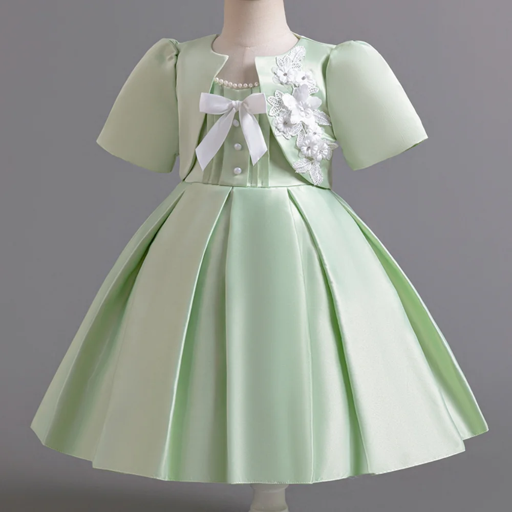 Girl\'s New Decal Pearl Bow Green Princess Dress Wedding Flower Girl Piano Performance Princess Dress for 4 5 6 7 Years
