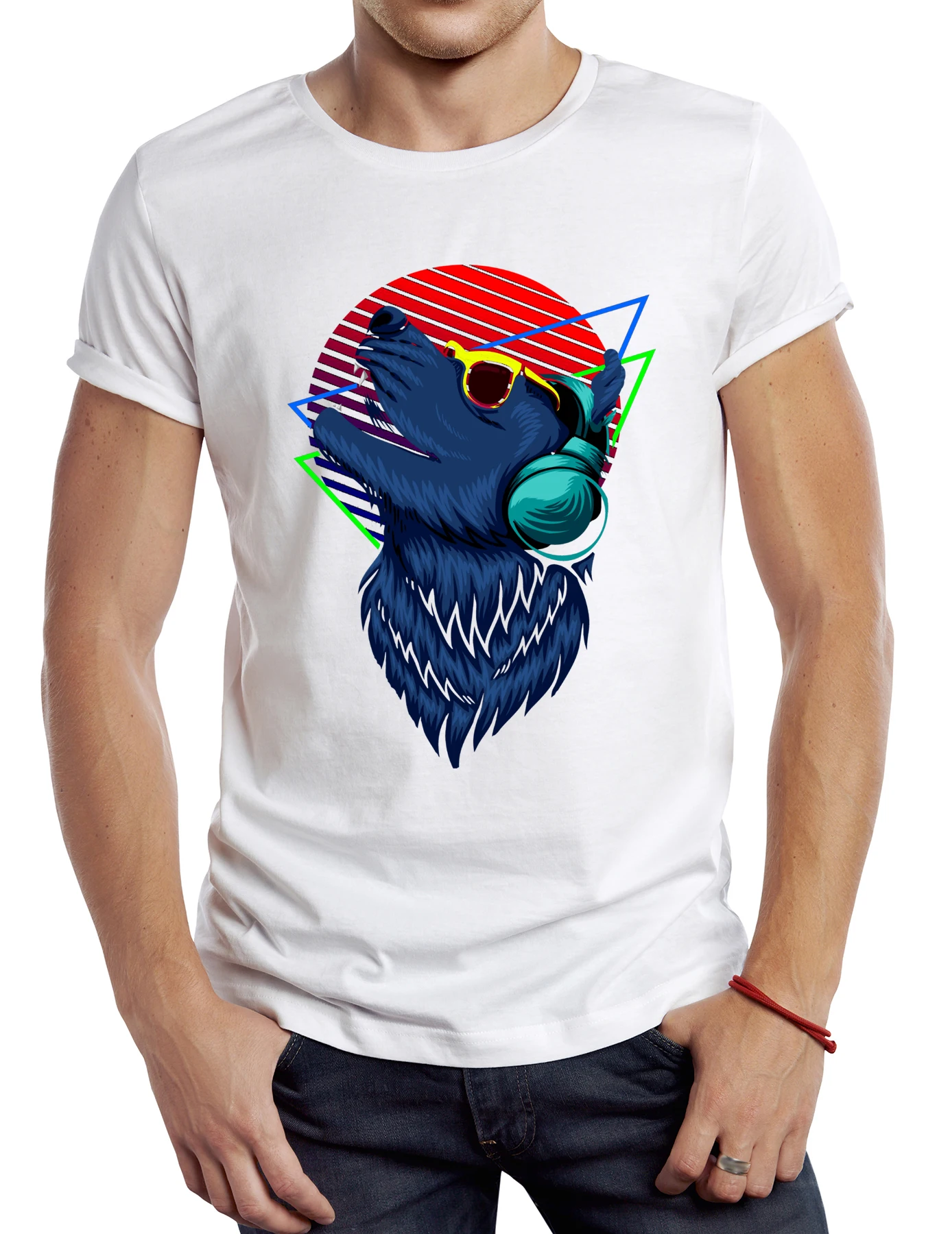 

FPACE Vintage Howling Synthwave Wolf Men T Shirt Graphic Cloth Casual Male Tops Hipster Retro Music Wolf Tee