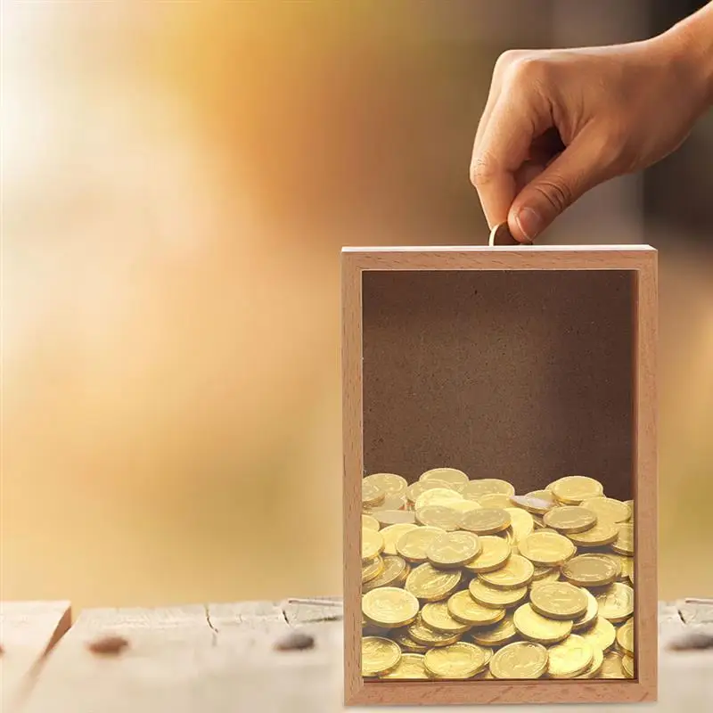 Wooden Picture Frame Piggy Bank Coin Money Saving Box Clear Photo Frame Photocard Holder Desktop Decoration