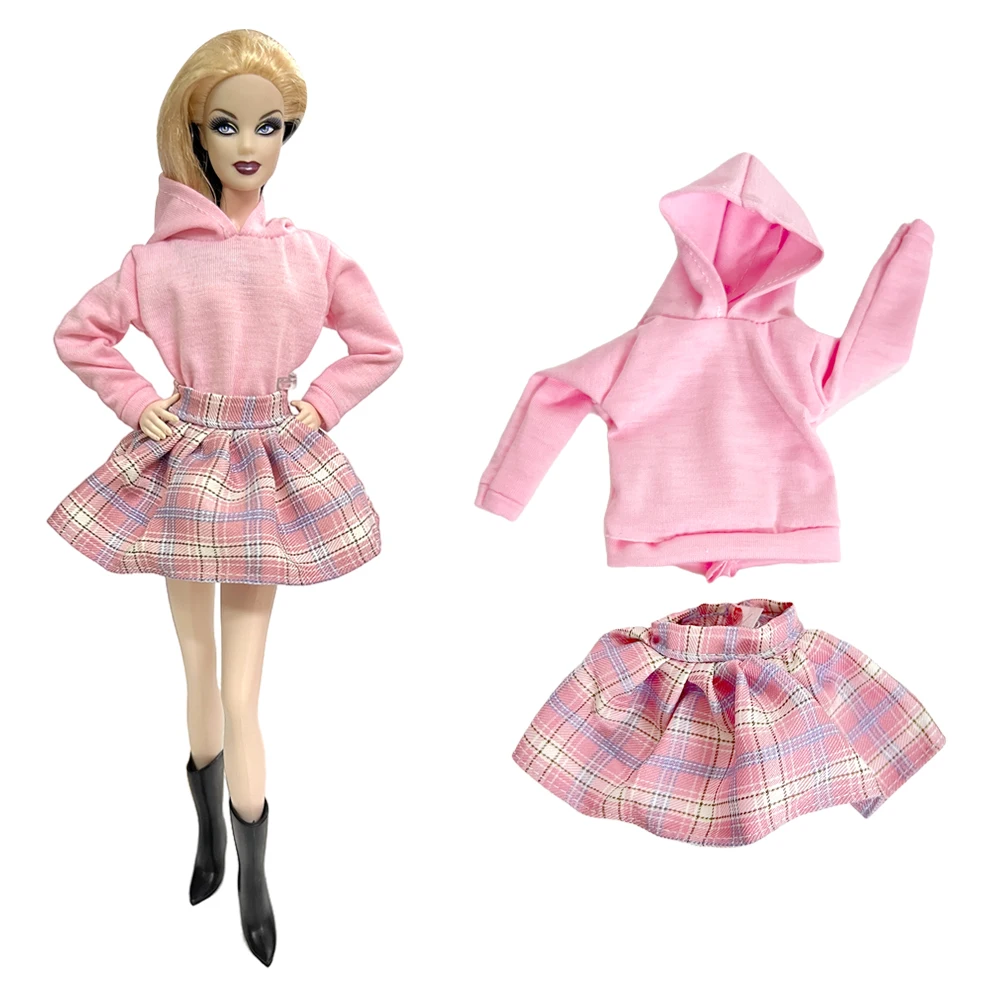 New 1 Set Pink Clothes For Barbie Doll Sweatshirt Short Outfits For 1/6 Dolls Accessories Loose Hooded Sweater Grid Skirt