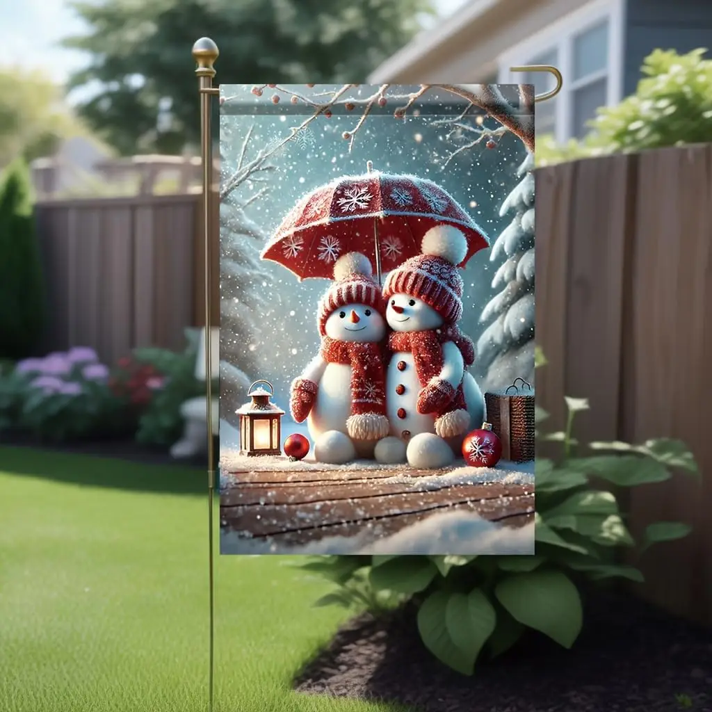 Christmas Garden Flag Snowman Couple 12x18 lnch Double Sided Outdoor Yard BannerWinter Holiday Decoration with Red Umbrella  llz
