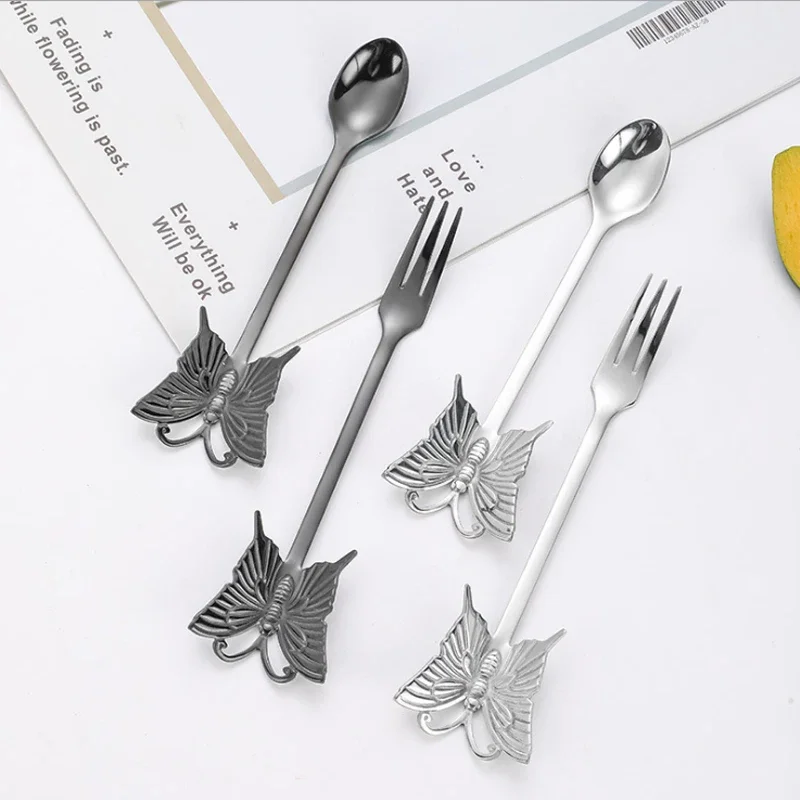 1Pc 304 Stainless Steel Coffee Spoon Teaspoon Gold Plated Sugar Dessert Fruit Fork Mirror Polishing Butterfly Handle Dinnerware