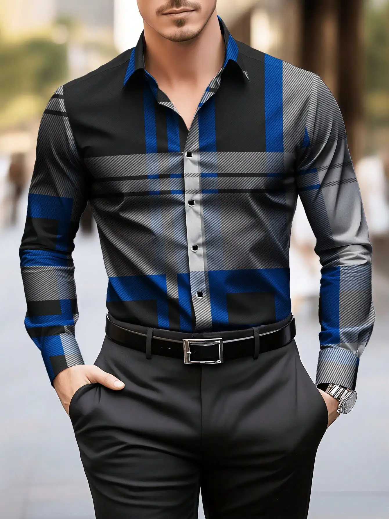 

Men's Long Sleeve Slim Fit Shirt with Blue Gray Grid Pattern, Business Casual Style