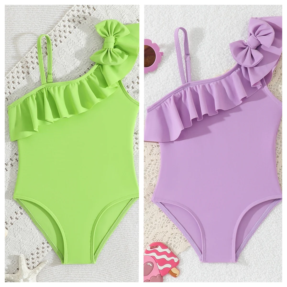 Kids Girls' One-Piece Swimsuit Solid Color Girls' One-Shoulder Swimwear with Ruffle Details Baby Girls Bathing Suit Beach Wear