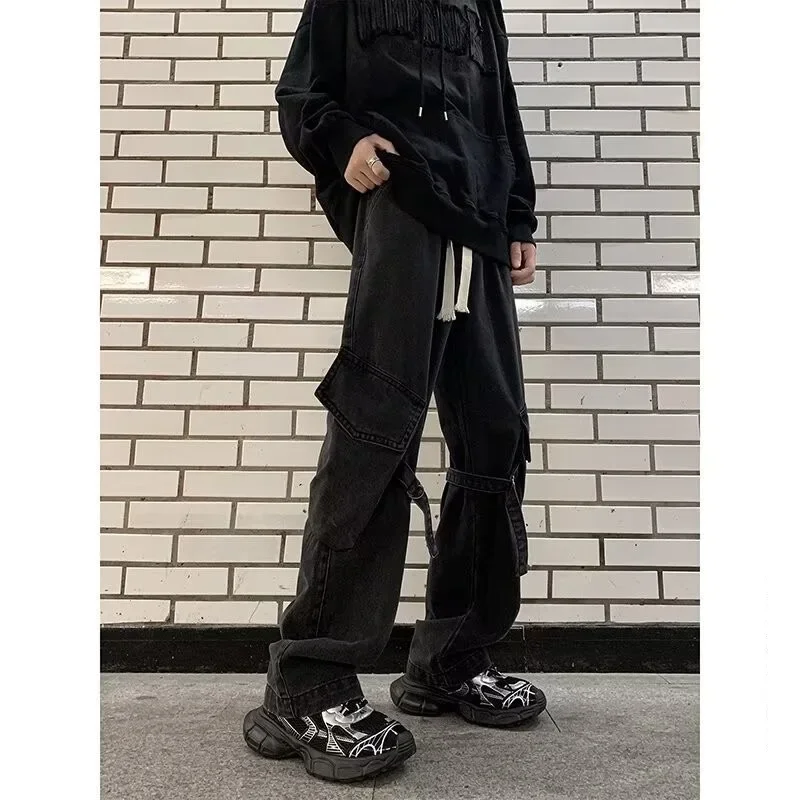 Male Jean Pants Clothes Japanese Vintage New Fashion Men's Solid Color Washed Wide Leg Straight Multi Pockets Denim Trousers
