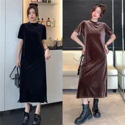 Spring Summer And Autumn Long T-Shirt Dress Women Oversized Loose Elegant Round Neck Short Sleeved Golden Velvet Dress Z4462