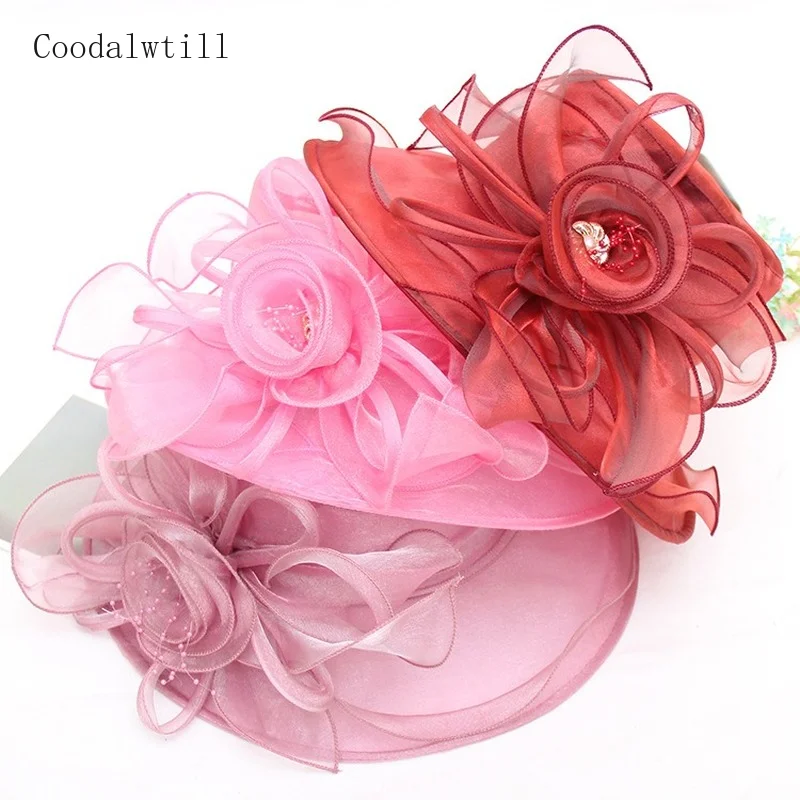 New Women Elegant Summer Organza Hat Bow Flower Sun Hat Wide Brim Fascinator Wedding Headwear Female Derby Travel Event Chapeau