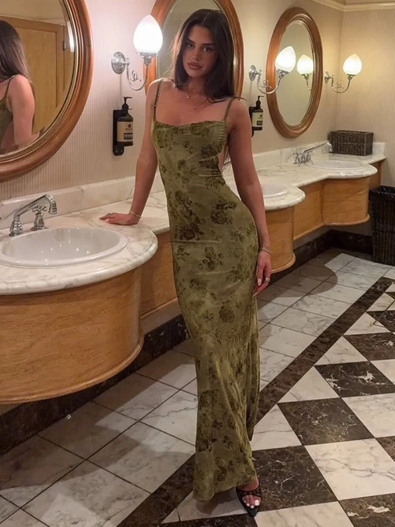 FDYOUI فستان سهرة أنيق مثير بدون ظهر باللون الأخضر مُزين بنقشة الزهور للنساء بدون أكمام فستان كوكتيل طويل للحفلات والنوادي #3