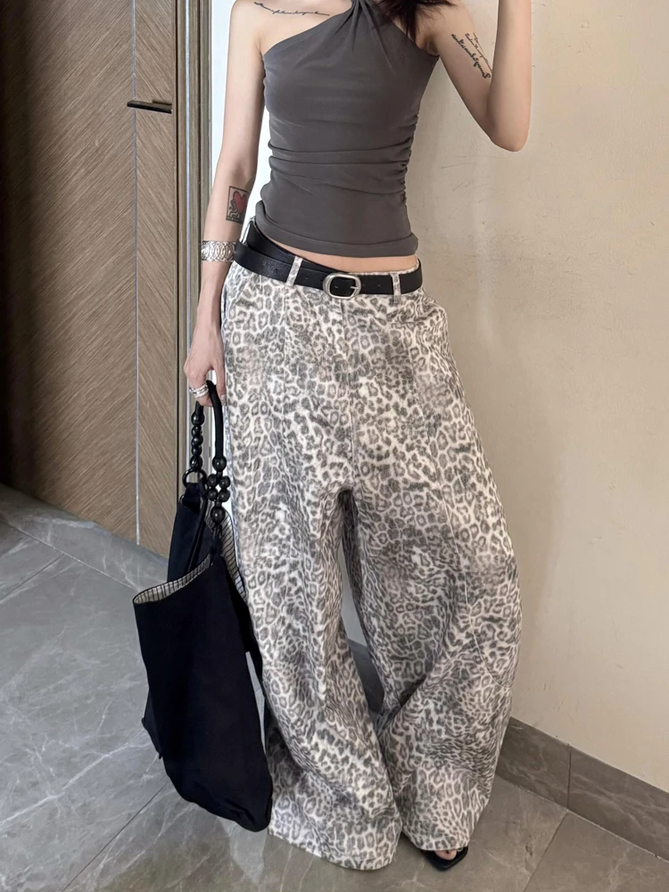 

Широкие джинсы с американским леопардовым принтом в стиле ретро, женские свободные повседневные джинсовые брюки с высокой талией, четыре сезона