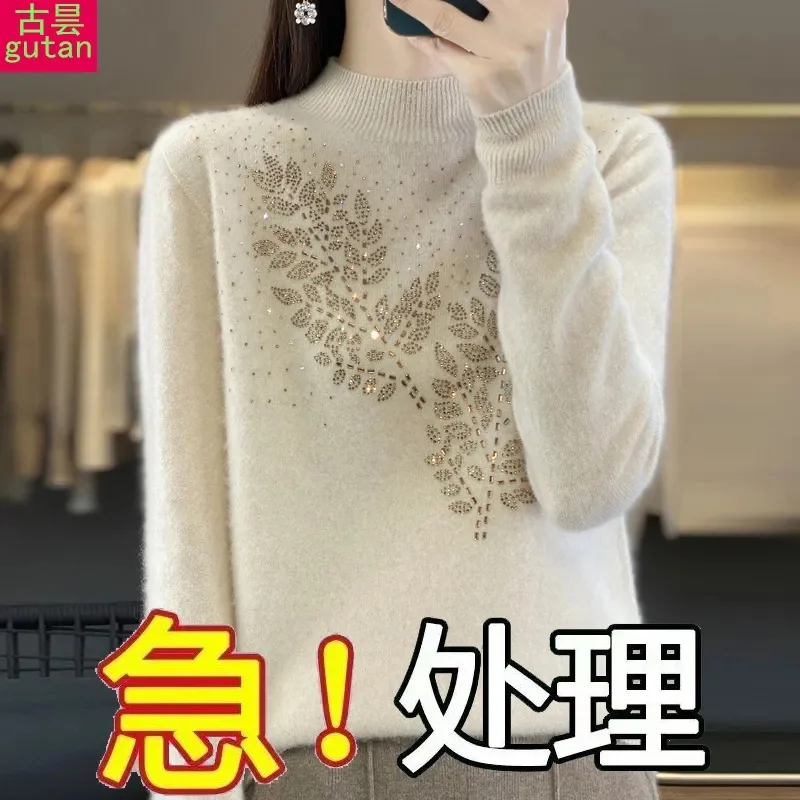 Maglione di lana autunno e inverno Elegante maglione con fondo lavorato a maglia a collo alto e pullover con diamanti di fascia alta e vestibilità slim da donna