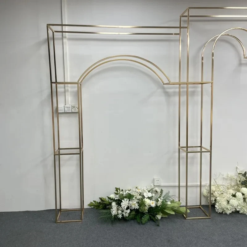 3-teiliges, glänzend vergoldetes 2,2 m langes quadratisches Hintergrundregal, geometrischer Blumenbogen für Hochzeiten, Türständer, künstliche Floristenbedarf. – Detail 24