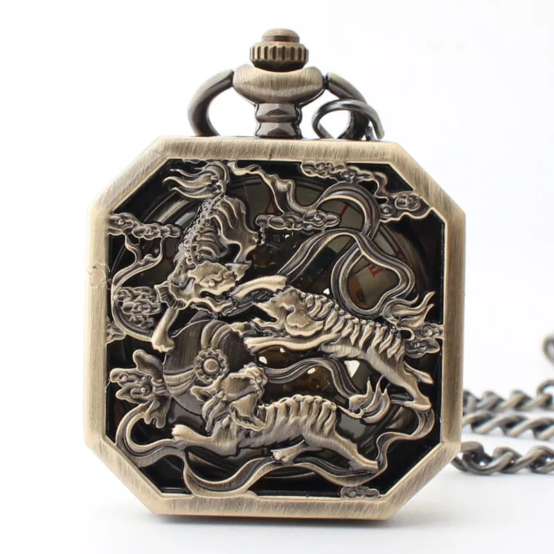 Reloj de bolsillo mecánico para hombre, cronógrafo de lujo con diseño cuadrado de Fénix, Kirin, dragón, cadena de Orologio antiguo, números romanos,