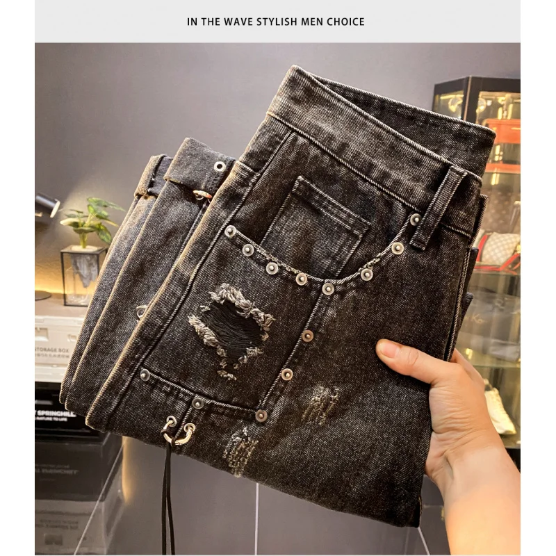 

Свободные прямые рваные джинсы с нашивками мужские осенью и зимой 2025 новый, стильный и стильный дизайн, длинные брюки
