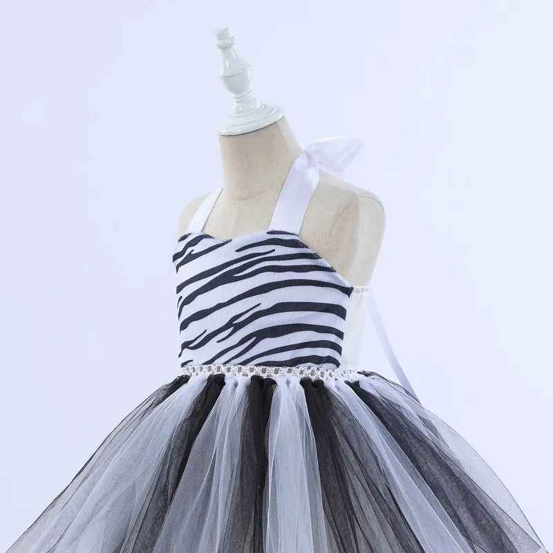 Kids Girls Halloween Dress Up Cosplay Animal Theme Party Zebra Handmade Mesh Tutu Dress With Matching Hair Hoop Tail