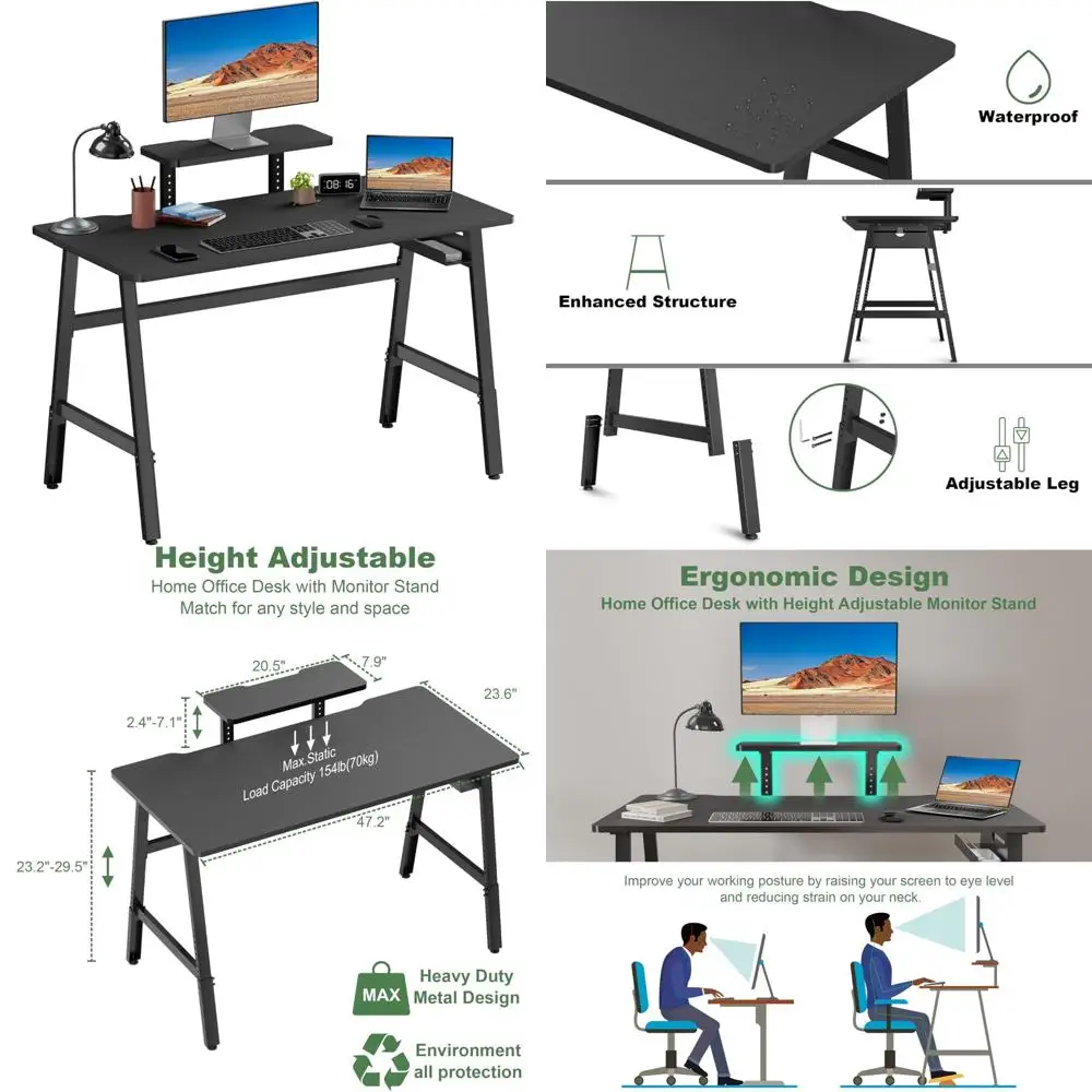 

Height-Adjustable Gaming Desk 47 - Compact Home Office Desk with Monitor Stand, Modern Simple Study Writing Table