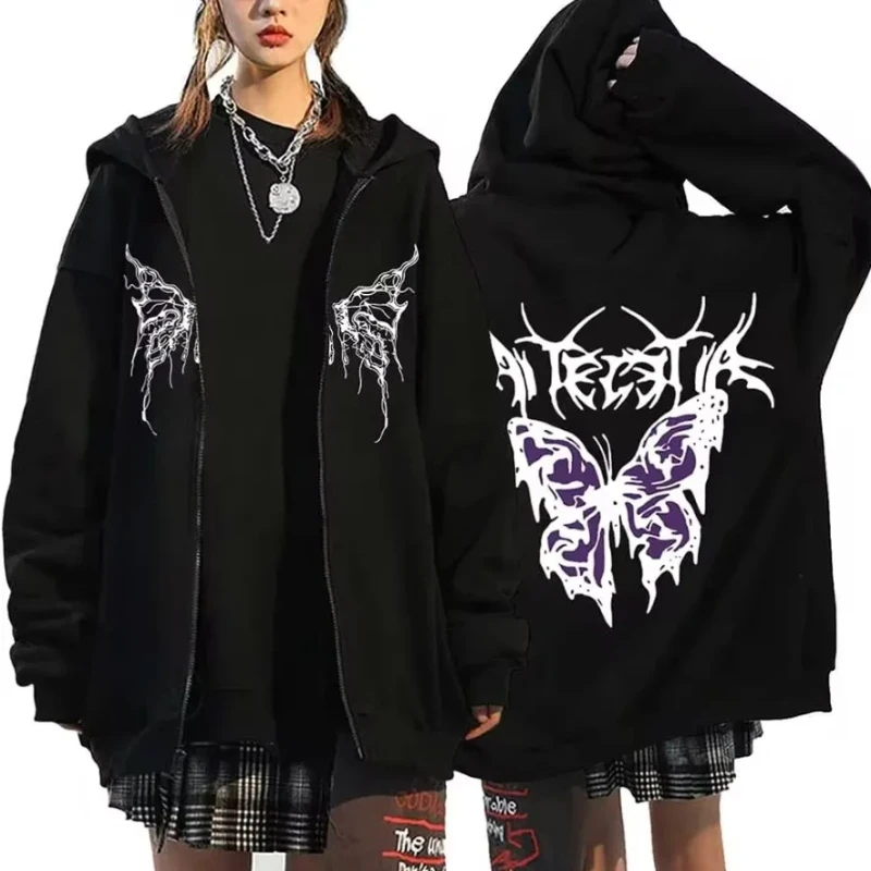 Vintage Schmetterling Gedruckt Zipper Hoodies Herbst Winter Frauen Casual Mode High Street Langarm Fleece Jacke Hoodies