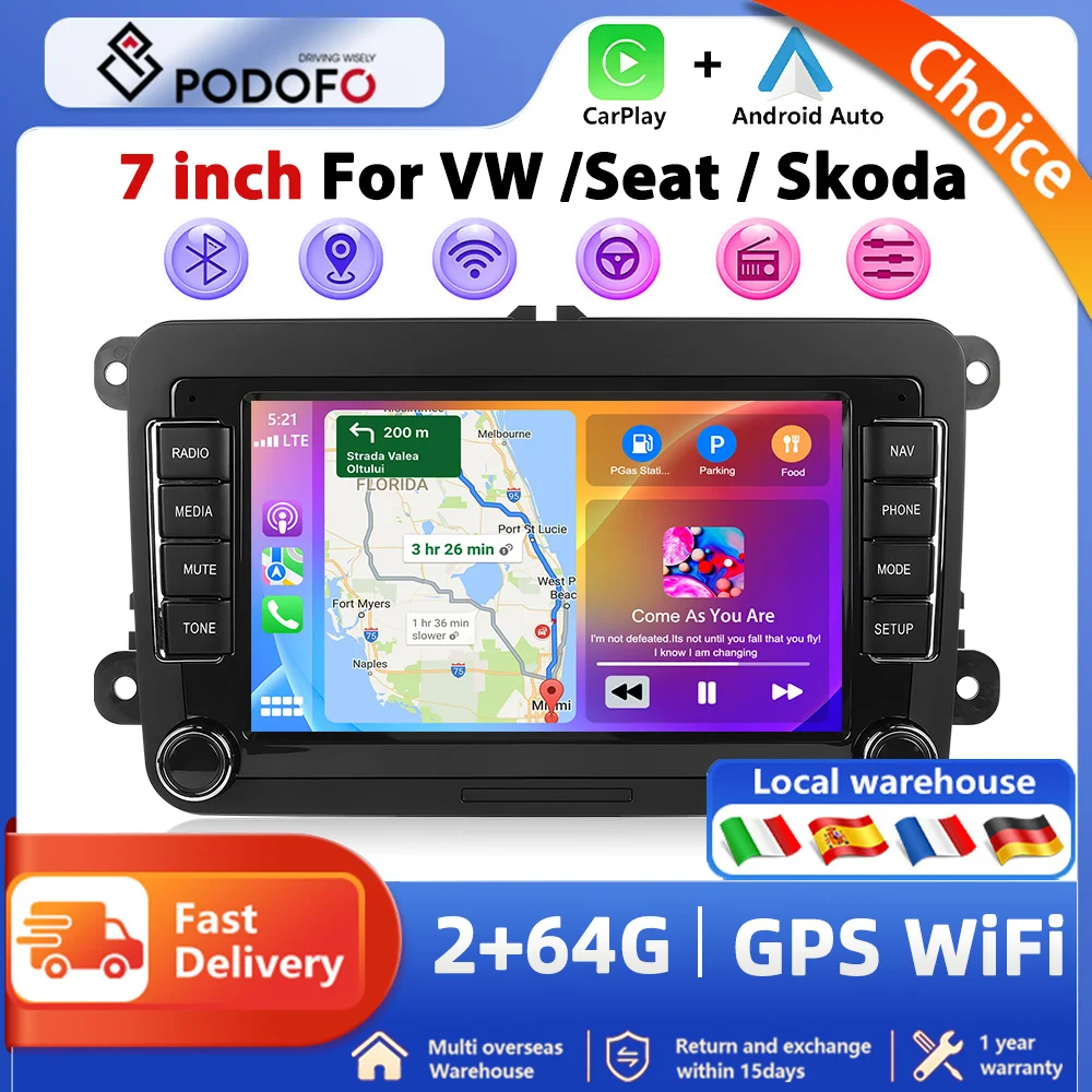 Podofo 2din 7”Android 2+64G Car Stereo Radio for VW POLO PASSAT Skoda SEAT Carplay Android auto Car Player BT GPS FM Stereo