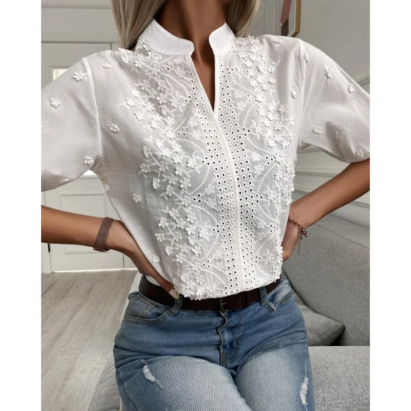 Summer Fashion Stand Up Collar Embroidered Hollow Temperament Five Sleeve Versatile Top White Casual Pullover  Lace Blouse 24350