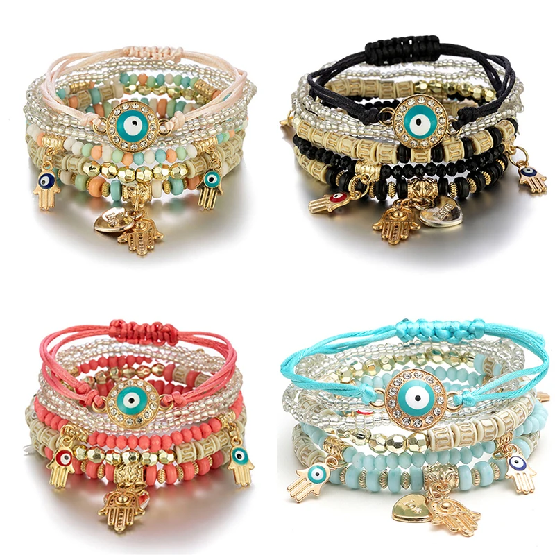 6 sztuk/zestaw czeski zestaw bransoletek Evil Eye dla kobiet Fatima Hand Heart Charm zroszony liny łańcuszek bransoletka damska biżuteria na prezent