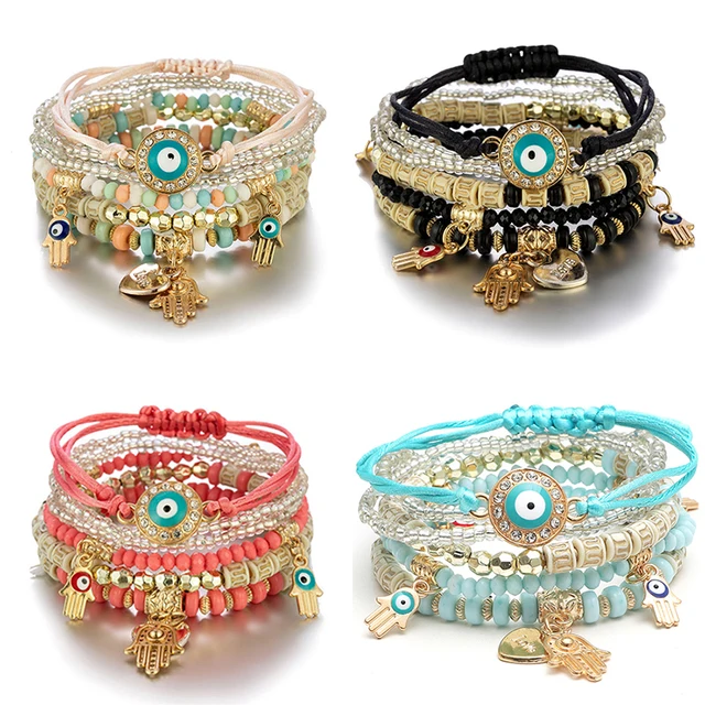 6 sztuk/zestaw czeski zestaw bransoletek Evil Eye dla kobiet Fatima Hand Heart Charm zroszony liny łańcuszek bransoletka damska biżuteria na prezent