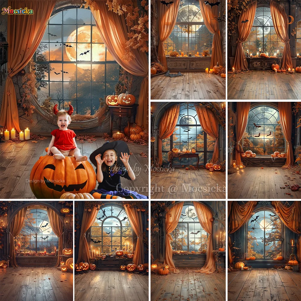 Halloween Castle Window Background Night Moon Bat Scary Pumpkin Lantern Orange Curtain Backdrop Photographic Prop Kids Photo