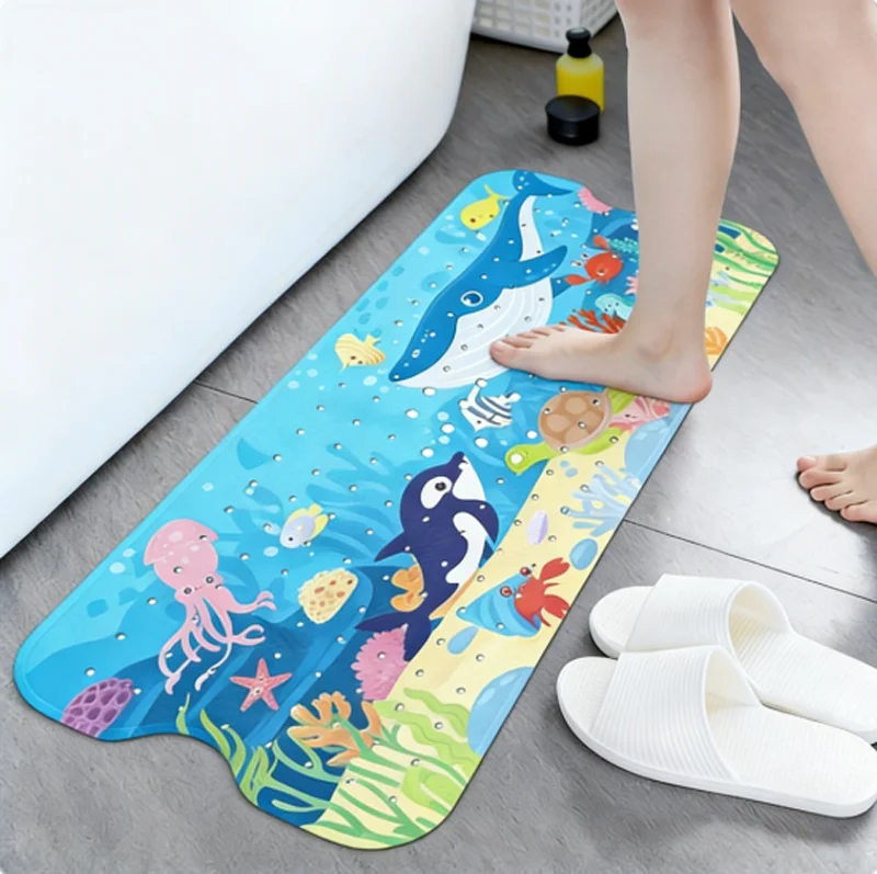 

1 шт. 40x100 см Длинный нескользящий коврик для ванной с мультяшным рисунком, для душевых кабин и ванн, с присосками и дренажными отверстиями