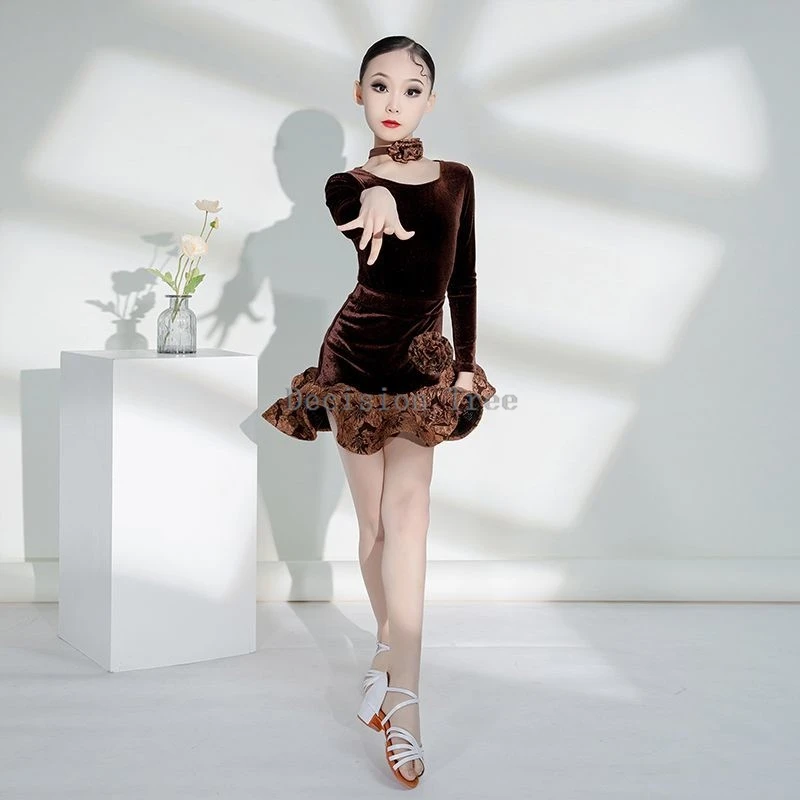 

2025 new velvet latin dance costumes for autumn winter girls' professional practice costumes performance latin dance costumes