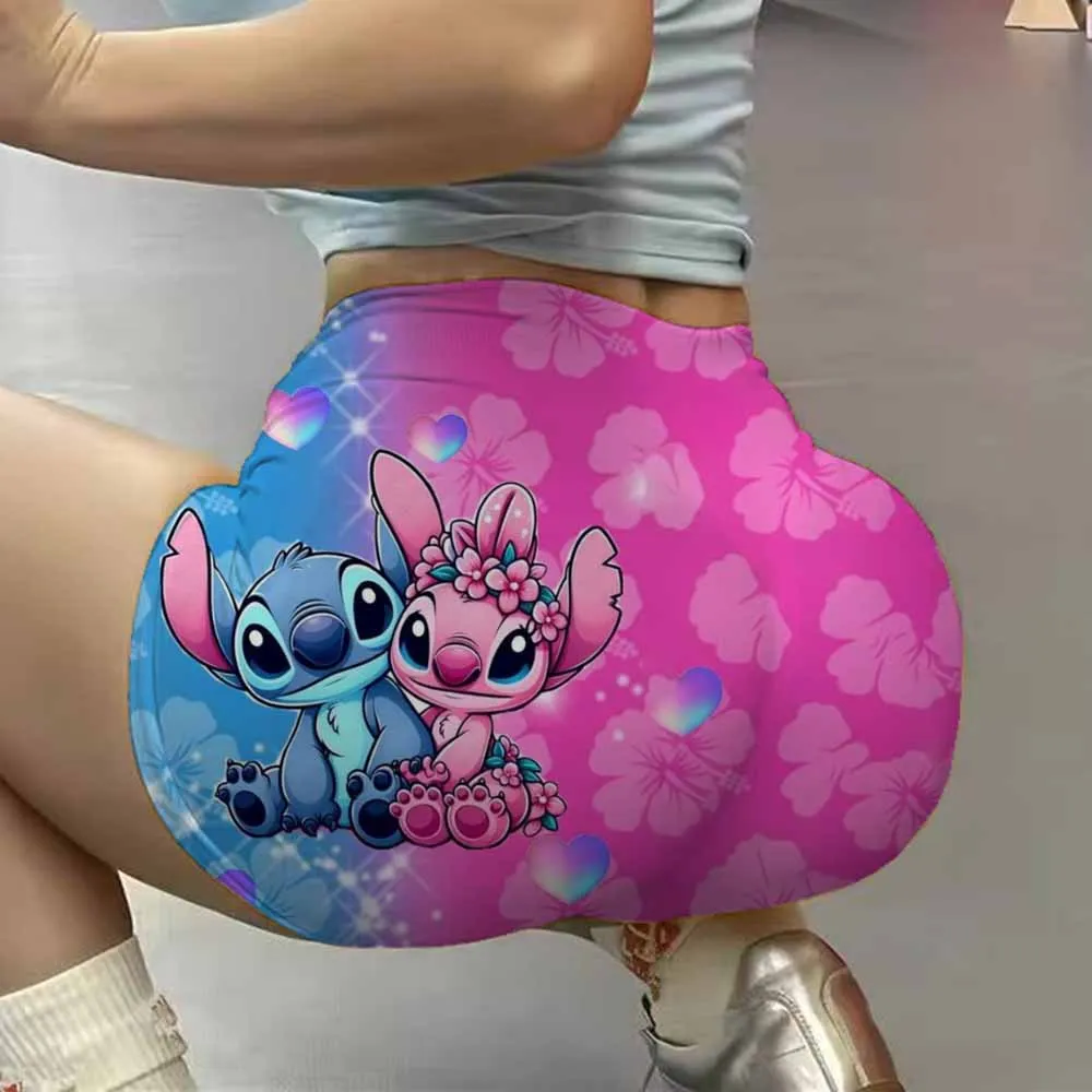 귀여운 릴로와 스티치 여성용 운동 반바지, 스크런치 힙업 하이웨이스트 짐 요가 심리스 부티 바이커 숏 팬츠