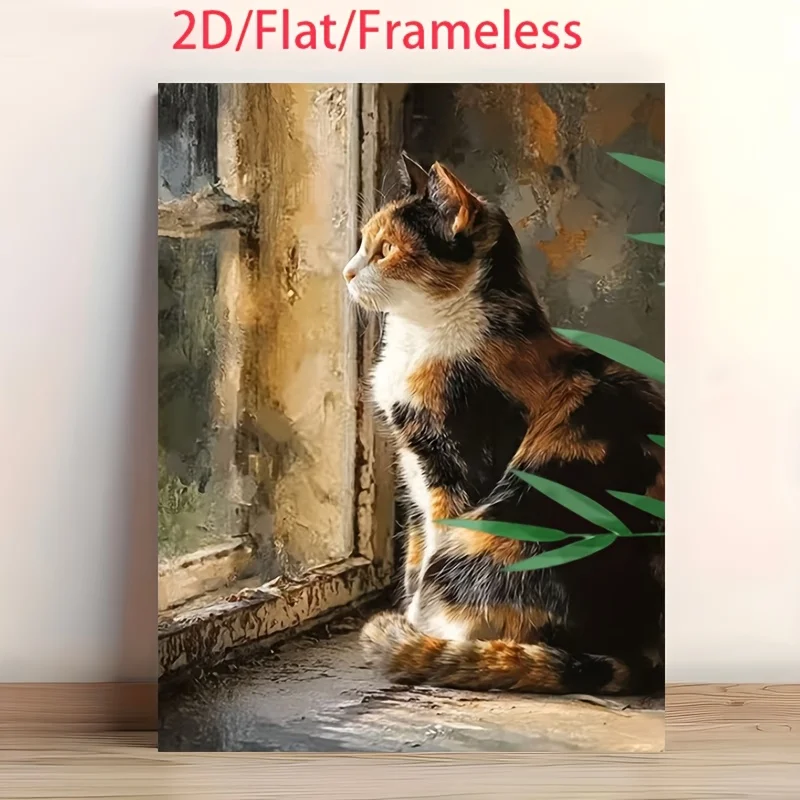 2D Flat, 1pc Calico Cat Gazing by the Window Canvas Poster - Modern Minimalist Suitable for Living Room, Bedroom, Decor - Ado