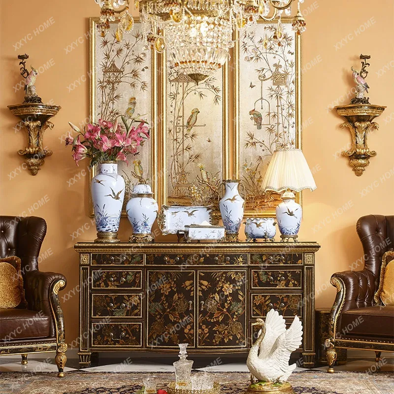 Retro painted entrance cabinet household living room decorative storage drawer cabinet high-grade solid wood dining side cabinet