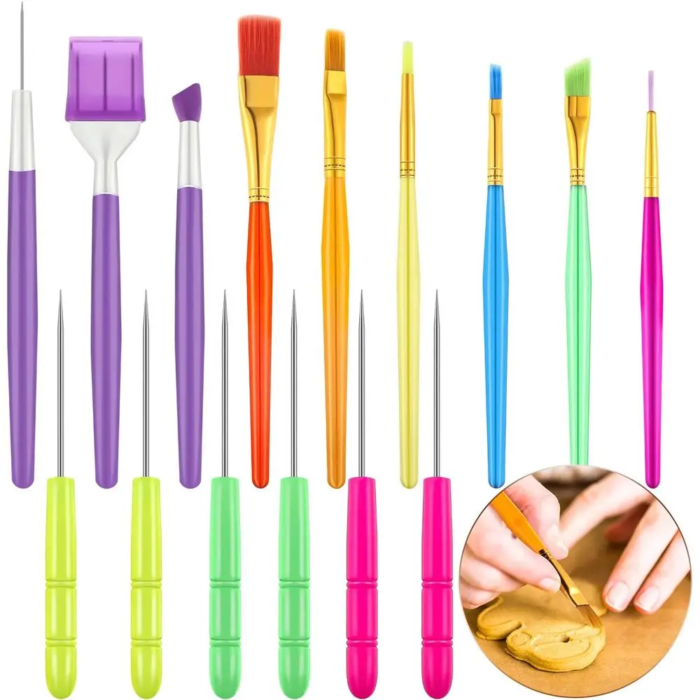 Cookie Decorating Kit: 15 Piece Set with 6 Brushes, 6 Stir Needles, 3 Scriber Tools for Cake Decorating