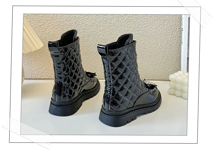Neue Mädchen-Herbst-Winter-Stiefel mit Schleife und Karomuster, mittelhohe Stiefel mit seitlichem Reißverschluss, rutschfeste, kurze Stiefel, warme, weichsohlige, modische Stiefel für Kinder. – Detail 10