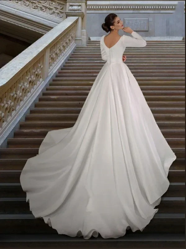 Customized Elegant Satin Wedding Dresses Long Sleeves Bride Dresses Muslim Button A Line Women Bridal Dresses Vestidos De Novia