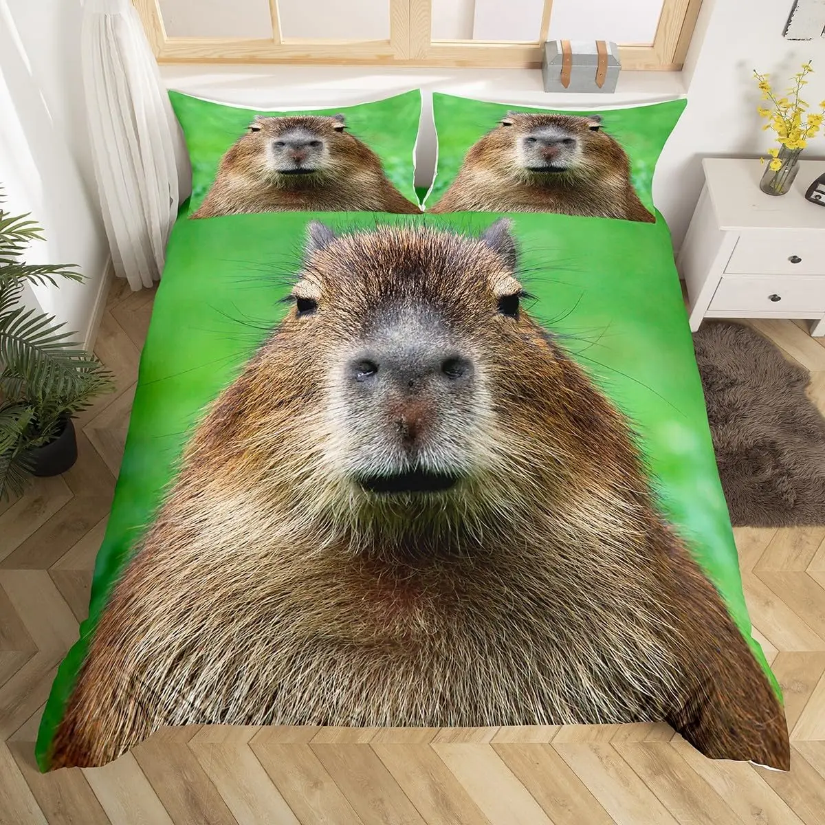 面白いカピバラ布団カバーセット-ダブルサイズ-3d動物園ペット動物寝具セット-枕カバー2枚付き-子供-男の子-女の子用