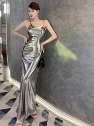 Sexy Style Light Luxury Spicy Girl Liquid Bright Female Korean Indie Style Silver Dress Elegant Party Fashion TemperamentBMI6