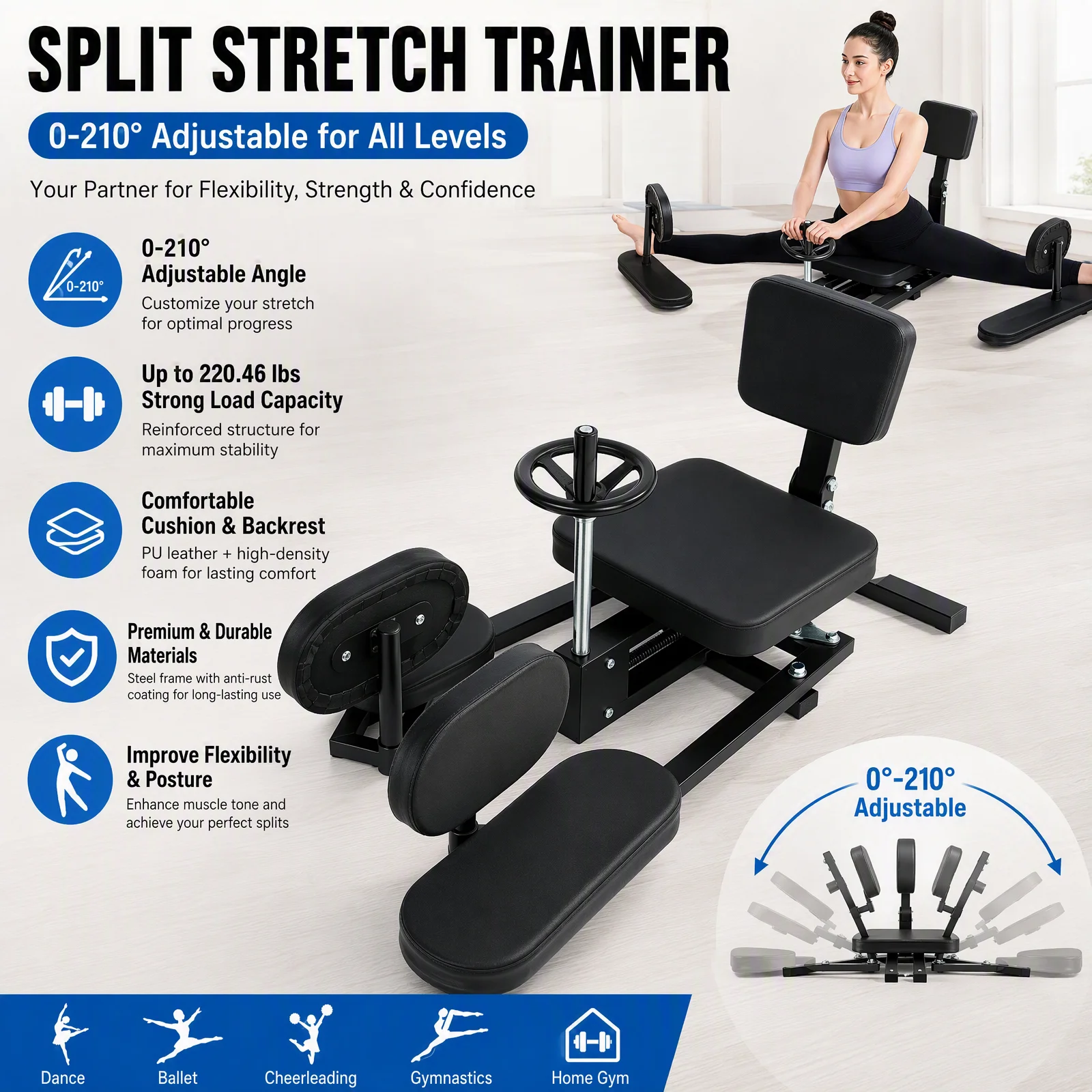 Leg Stretcher Leg Split Machine 0‑210° Adjustable Leg Stretching Trainer for Dance Gymnastics Home Fitness Improve Leg Flexibility