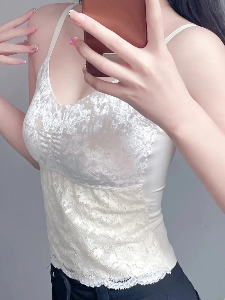 Samt-Spitze-Patchwork-Trägerweste für Damen, neu, 2025, Innenpolster, integriertes, schönes Bawear-Oberteil mit äußerer Brustwickel